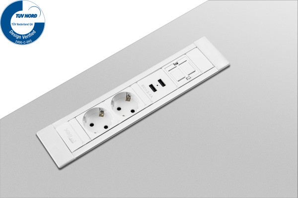 Desk-Insert -2 x 230V + 2 x Ladestation USB A + 2 x Keystone - Weiß/Aluminium